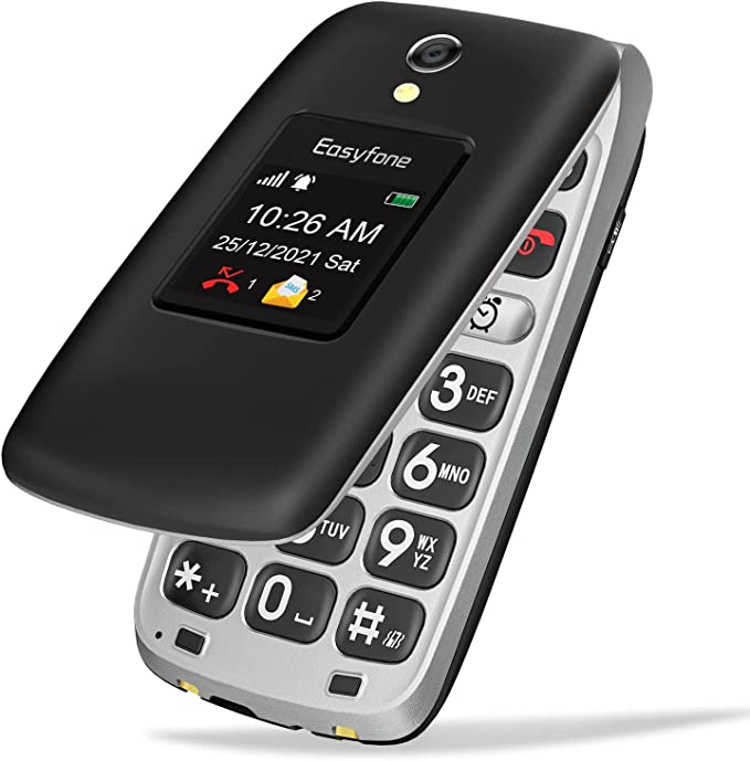 Easyfone Prime-A1 Pro 4G Unlocked Senior Flip Cell Phone, Easy-to-Use Big Button Hearing Aids Compatible Flip Mobile Phone with SOS Button, GPS and Charging Dock (Black)