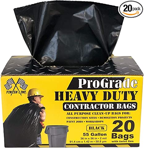 Reli. ProGrade Contractor Trash Bags 55 Gallon (20 Bags w/ Ties) Black 55 Gallon Trash Bags Heavy Duty, Garbage Bags / Construction Bags (2 mil) (55 Gallon - 60 Gallon), Black