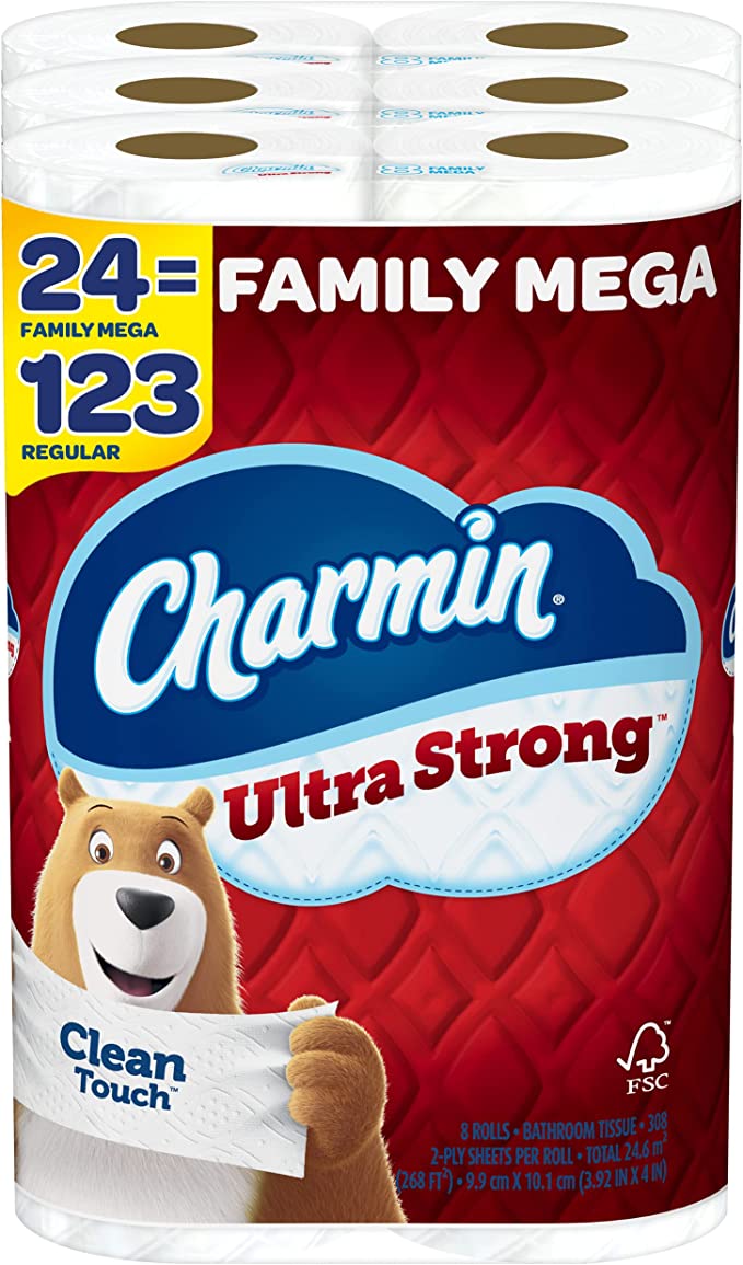 Charmin Ultra Strong Clean Touch Toilet Paper, 24 Family Mega Rolls = 123 Regular Rolls