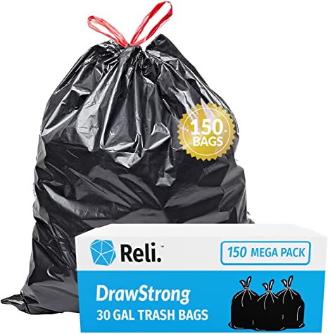 Reli. 33 Gallon Trash Bags Drawstring | 150 Count | Black | 33 Gallon Garbage Bags Heavy Duty | Large 33 Gal