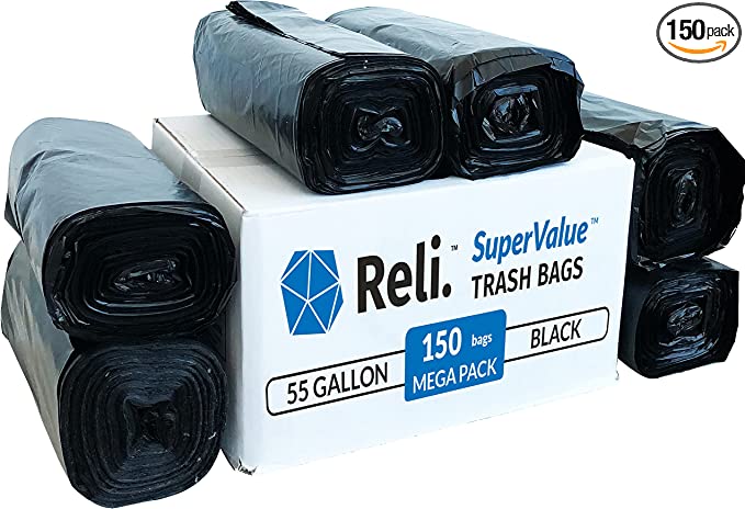 Reli. Easy Grab Trash Bags, 55-60 Gallon (150 Count), Made in USA | Star Seal Super High Density Rolls (Heavy Duty Can Liners, Garbage Bags, Bulk Contractor Bags 50, 55, 60 Gallon Capacity) - Black