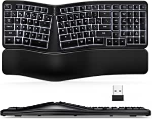 TANNSEN Backlit Wireless Ergonomic Keyboard USB Split Keyboard with Wrist Rest and Comfortable Typing, 104 Keys, 10 Shortcuts for Windows, Mac and Laptop PC Computer