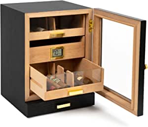 Luca Humidor Cabinet, Large Size, Cigar Storage for 80-100 Cigars, Rich Black Ash Wood, Digital Hygrometer, Spanish Cedar, Humidor Solution, Hydro System Humidor Cabinet, Accessory Drawer, PEG System