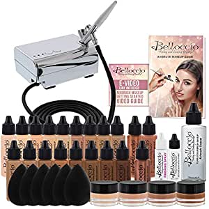 Belloccio Airbrush Cosmetic Makeup System with a MASTER SET of All 17 Foundation Shades plus Blush, Shimmer and Bronzer All in 1/2 oz bottles