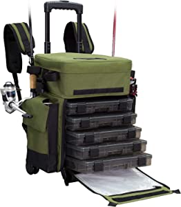 Elkton Outdoors Rolling Tackle Box with Wheels - Waterproof Rolling Fishing Backpack, 5 Removable Tackle Trays, 4 Rod Holders, Fishing Gifts for Men, Fish Tackle Bag, Roller Tackle Box