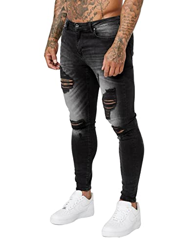 HUNGSON Men's Stretchy Ripped Skinny Jeans Taped Slim Fit Denim Jeans