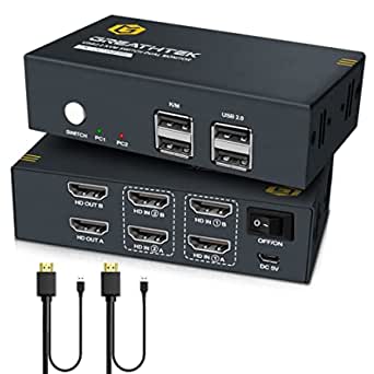 HDMI KVM Switch Dual Monitor 2 Port 4K@30Hz, 2 Computers Share 2 Monitors Extender Display, with USB 2.0 Ports Share Keyboard&Mouse, Hotkey Switch&Button Switch, with Upgraded HDMI USB Combo Cables