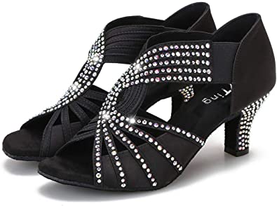 Half Rhinestones Ballroom Dance Shoes Women Latin Salsa Practice Wedding Indoor Crystals Footwear 2.5in Heels YT05